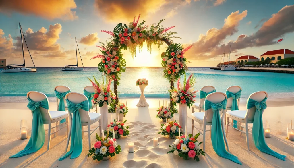 A picturesque wedding setup on a tropical beach in Curaçao, featuring white sand, turquoise waters, and vibrant decorations