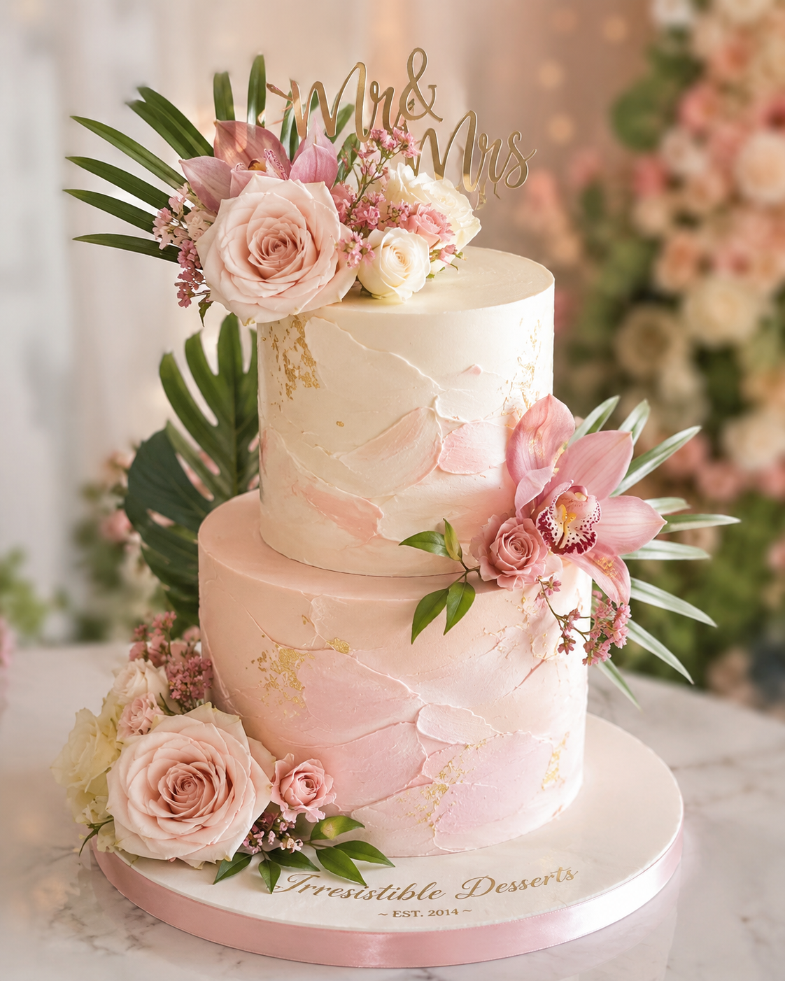 Pastel tropical wedding cake with floral details